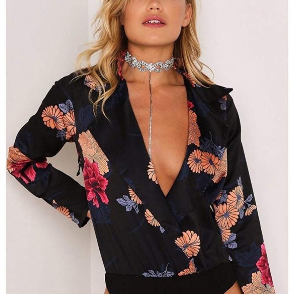 Deep plunge silk long sleeve floral body suit NEW